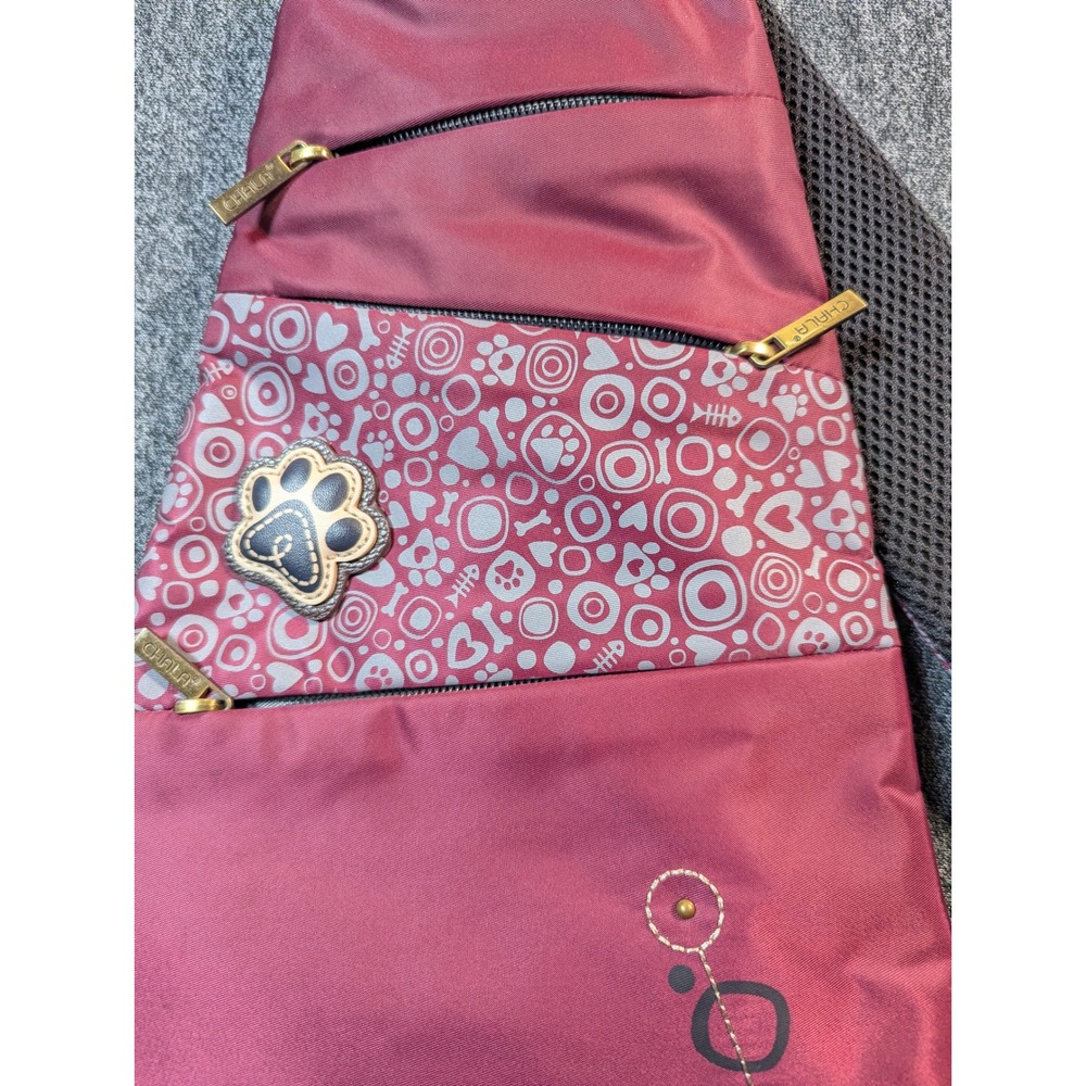 Chala Burgundy Nylon Paw Print Sling Backpack Crossbody Bag Gold Tone Hardware - Picture 4 of 8